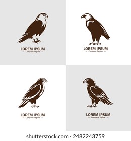 Set of sitting eagle or hawk silhouettes. Suitable for logo, emblem, pattern, typography etc. Isolated on white background. Vector illustration