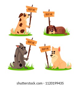 Set of sitting homeless dogs with a poster Adopt me. Dont buy - help the homeless animals find a home, kit of sad puppies, pet adoption - vector illustration.