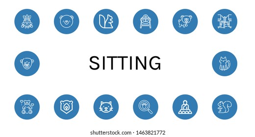 Set of sitting icons such as Crying, Bear, Squirrel, Feeding chair, Office desk, Teddy, Cat, Paw print, Buddha , sitting