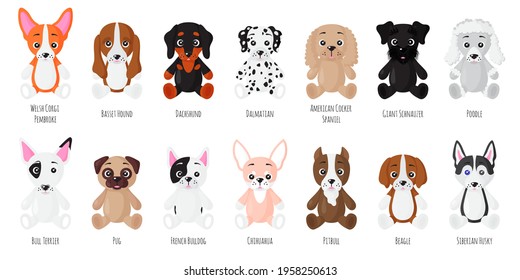 Set of sitting little puppy dogs of different breeds. Vector cartoon isolated illustration. 