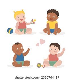 Set of sitting multiethnic newborn babies. Small children with various toys and items. Childhood, infant characters kids games, funny little multicultural kid boys and girls. flat vector illustration