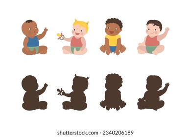 Set of sitting multiethnic newborn babies. Small children with various toys and items. Childhood, infant characters, funny little multicultural kid boys and girls. Black silhouettes template. vector