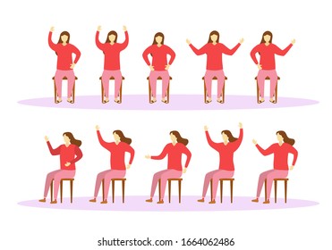 Set of sitting people in different poses isolated on white background. A large set of seated women. Front view, side view. Vector flat cartoon illustration.