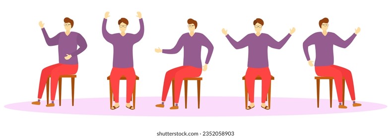 Set of sitting people in different poses isolated on white background. Characters front view, side view. Large set of seated men and women. Vector flat cartoon illustration. EPS 10.