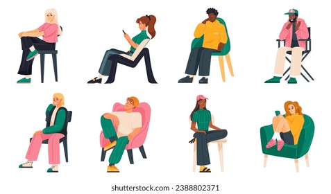 Set of sitting people. Happy man and women sitting on comfortable chairs in different poses and body positions. Characters relax on stools. Cartoon flat vector collection isolated on white background