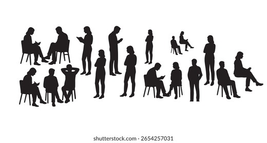 set of sitting people man woman silhouette vector on white background

