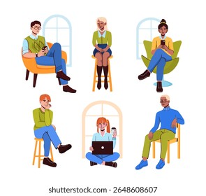Set of sitting people. Men and women sits at comfortable furniture in home. Comfort and coziness. Cozy interior in apartment. Flat vector collection isolated on white background