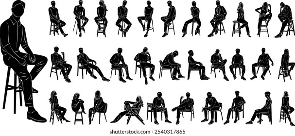 set of sitting people silhouette on white background, vector