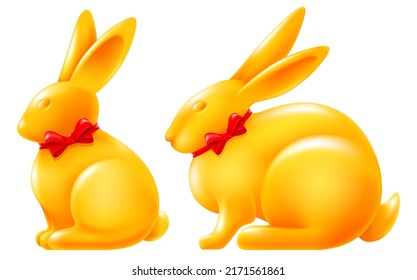 Set of sitting Rabbits. Cute bunny, zodiac symbol of Chinese new year 2023, drawn as realistic golden figurine and decorated with red bow. Isolated on white background. Vector illustration