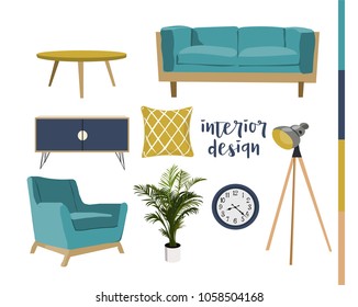 set of sitting room furniture. interior design elements collection. vector isolated objects on white background. mid century modern design mood board. 