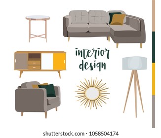 set of sitting room furniture. interior design elements collection. vector isolated objects on white background. mid century modern design mood board. 