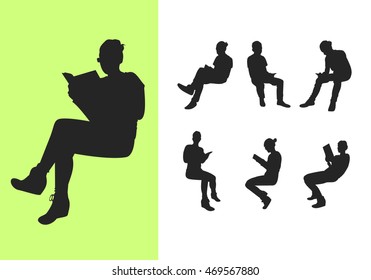 Set of sitting silhouettes with books