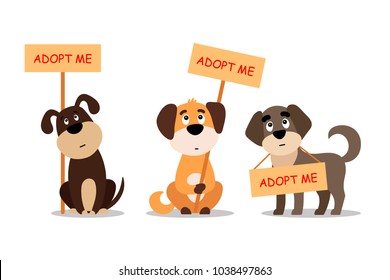 Set of sitting and standing dogs with a poster Adopt me. Dont buy - help the homeless animals find a home, kit of sad puppies - vector illustration