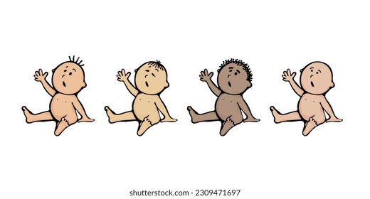 Set of sitting surprised kids of different nations with outstretched hand. In cartoon doodle style. Isolated on white background