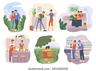 Set of situations couple spending time together and doing activities. Man and woman loving and living, flat cartoon vector illustration isolated white background