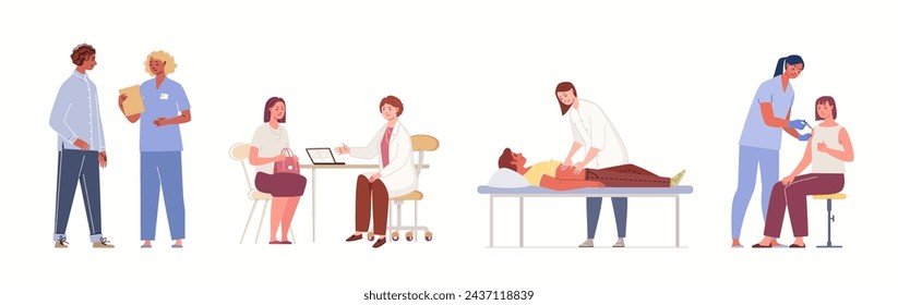 Set of situations for narrow medical professionals and patients. Doctors, nurses. Examination and diagnosis, consultation and treatment. Vector character flat cartoon illustration.