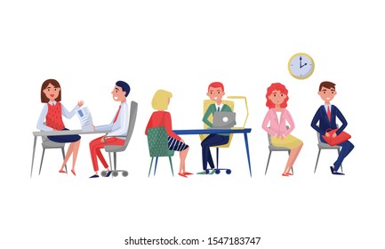 Set of situations in the office for an interview. Vector illustration on a white background.