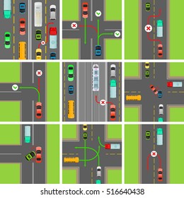 Set Of Situations On Road. Traffic Laws Govern Traffic And Regulate Vehicles. Rules Of Road. Car Breaks Traffic Rules. Overtaking Is Forbidden Or Permitted. Breakdown Of Traffic Organization. Vector