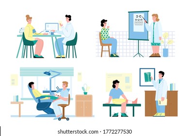 A set of situations with people undergoing medical examinations. People visit a dentist, ophthalmologist, surgeon, and therapist. Colorful vector flat illustrations for your design.