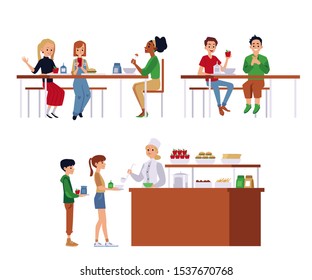 Set of situations in school cafeteria, dining room, canteen. Students girls and boys sit on table and eat food or lunch, stand in queue. Flat cartoon isolated vector illustration of school cafeteria.