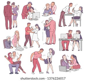 A Set Of Situations Of Sexual Harassment And Abuse, Violence And Bullying Between Men And Women In The Workplace In The Office And On The Street. Vector Comic Cartoon Illustration.