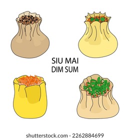 Set of siu mai dim sum steamed dumplings vector illustration. Shumai of four different variations of shape and decoration isolated on white. Traditional Chinese food