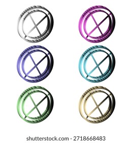 A set of six 3D circular buttons featuring an X symbol or crosshair design. Rendered in various gradient colors including silver, purple, blue, cyan, green, and gold with a layered extrusion effect. Perfect for web UI, app interface, or geometric logo elements.