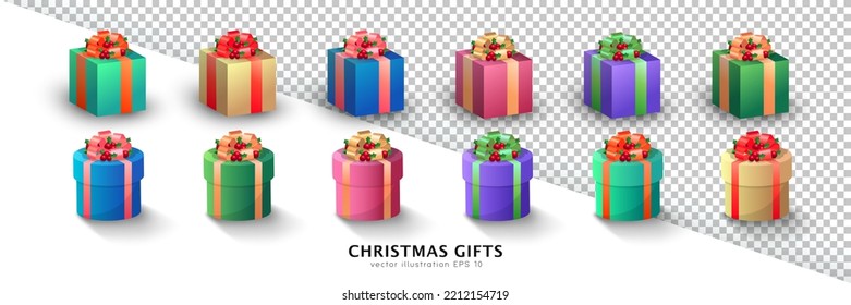 Set of six 3d colorful Christmas cylinder and cube gift boxes with holly berries and bows. Closed 3d cartoon blue, green, pink, yellow, purple xmas presents with traditional decoration and ribbons