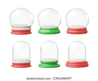 set of six 3d empty snow ball. Each globe is topped with a clear dome, seated on vibrant red or green bases. Round and vertical empty holiday snow globes.