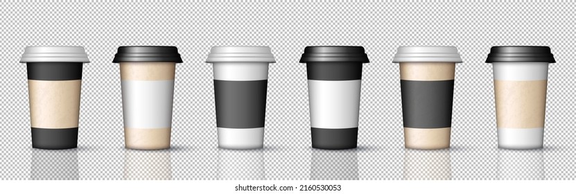 Set of six 3D paper coffee cups with lids for hot drinks - latte, cappuccino, espresso, tea, mocha. Realistic containers template. Take away concept. Cups with place for logo design.