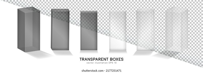 Set of six 3D white and black transparent boxes in front and perspective view. Vector plastic containers, shipping cases template. Mock up of rectangular glass containers for product presentation.