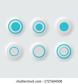 Set of six 3d white buttons with blue elements. Design symbol for UI and UX decorations