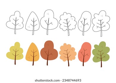 Set of six abstract autumn trees. Black and white and color clipart vector illustration.