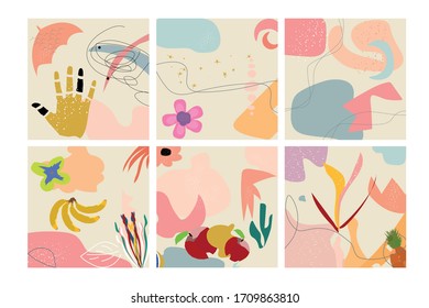 Set of six abstract backgrounds. Hand drawn various shapes and doodle objects. Each background is isolated from each other. Modern trendy vector illustration.