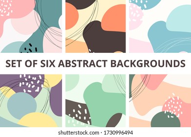 Set of six abstract backgrounds. Hand drawn various shapes and doodle objects. Contemporary modern trendy vector illustrations. Every background is isolated. Pastel colors