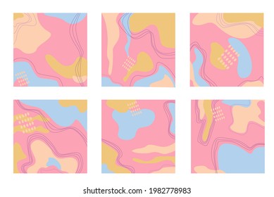 Set of six abstract backgrounds. Hand drawn various shapes and doodle objects. Contemporary modern trendy vector illustrations. Pastel colors in different shapes.
