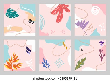 Un conjunto de seis fondos abstractos, diferentes formas y garabatos dibujados a mano, elementos vegetales, modernos fondos vectoriales minimalistas, cada fondo es aislado, de tono pastel