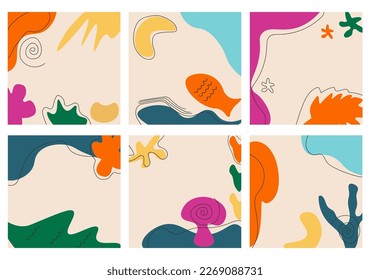 A set of six abstract backgrounds, hand-drawn various shapes and doodles, as well as plant elements, modern minimalistic trendy vector backgrounds in trendy colors. Vector