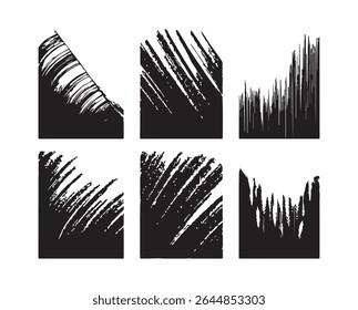 A set of six abstract black brush stroke textures, perfect for adding a grunge or artistic touch to your designs. Isolated on white background.