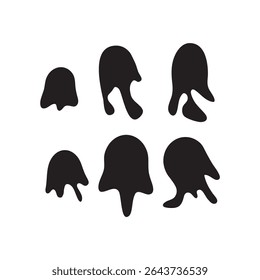  A set of six abstract black drip shapes in a minimal, liquid-inspired style. Isolated on a white background, these organic forms are perfect for graphic design, icon sets, stickers, or digital textur