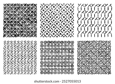 Set of six abstract black and white hand-drawn geometric patterns, featuring various shapes and repetitive designs suitable for backgrounds or textiles.