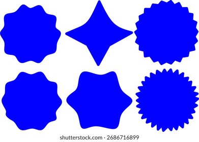 Set of six abstract blue geometric shapes with star and badge forms on white background, modern minimal design ideal for icons, labels, and creative graphics.
