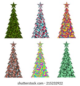 Set of six abstract Christmas trees with stars, designed in colorful mosaic triangle style. Perfect for festive cards, posters, and modern holiday decorations.