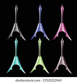 A set of six abstract Eiffel Tower-inspired icons, each rendered in a unique color: black, blue, pink, teal, green, and bronze. These sleek, futuristic shapes are ideal for travel branding, UI design,