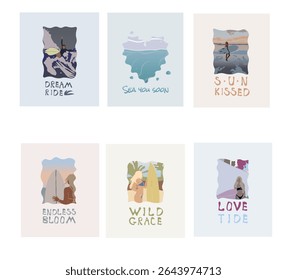Set Of Six Abstract Fashion Surfing Girls T-shirt Prints Or Posters Templates Vector Design
