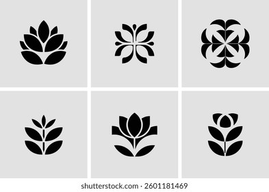 Set of Six Abstract Floral and Botanical Logo Icons in Modern Style