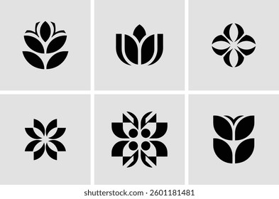 Set of Six Abstract Floral and Botanical Logo Icons in Modern Style