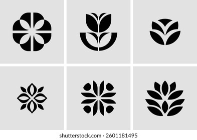 Set of Six Abstract Floral and Botanical Logo Icons in Modern Style