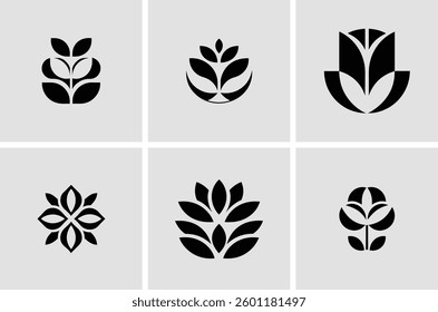 Set of Six Abstract Floral and Botanical Logo Icons in Modern Style