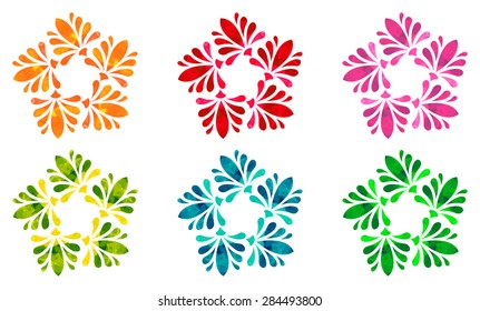 Set of six abstract flowers of five elements in different colors with polygonal pattern on white background in the Watercolour pattern collection
